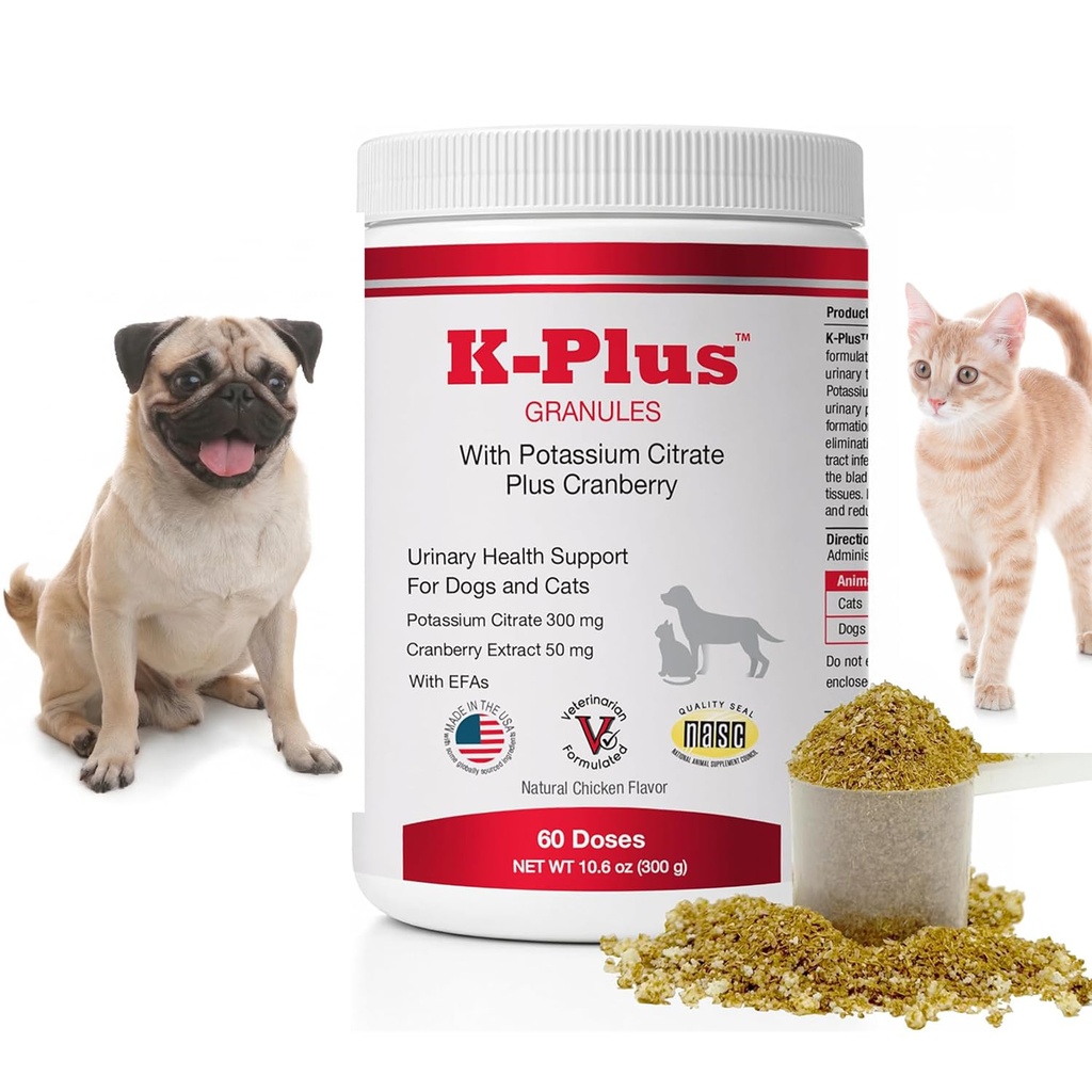 K- Plus Kalium Citrate + Cranberry Granules for Dogs & Cats - Vet- Godkendte UTI & Brege Health Support - Hjælper med at opretholde urinbalance & nyrefunktionen - Easy- to- Use Granules - 60 Doser