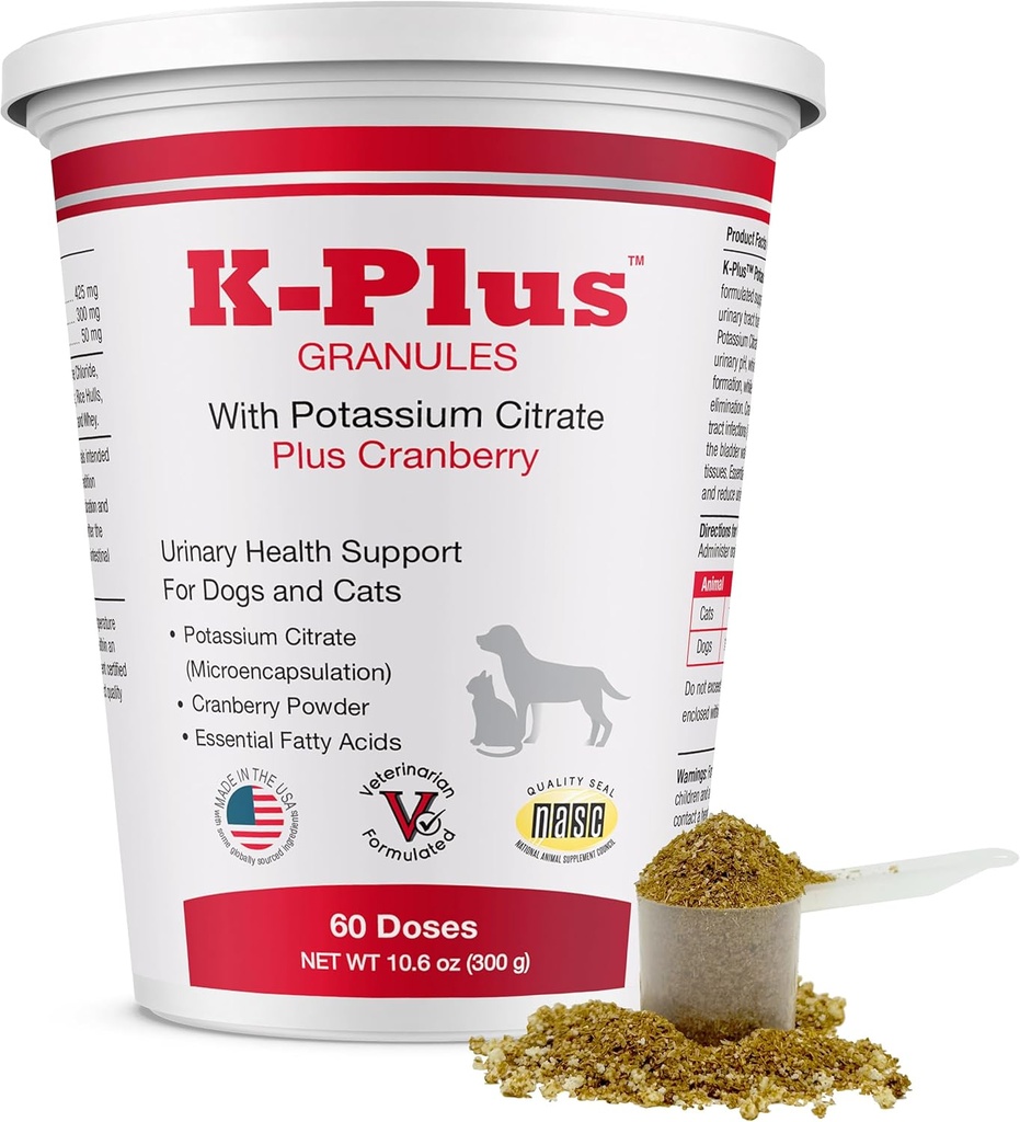 K- Plus Kalium Citrate + Cranberry Granules for Dogs & Cats - Vet- Godkendte UTI & Brege Health Support - Hjælper med at opretholde urinbalance & nyrefunktionen - Easy- to- Use Granules - 60 Doser