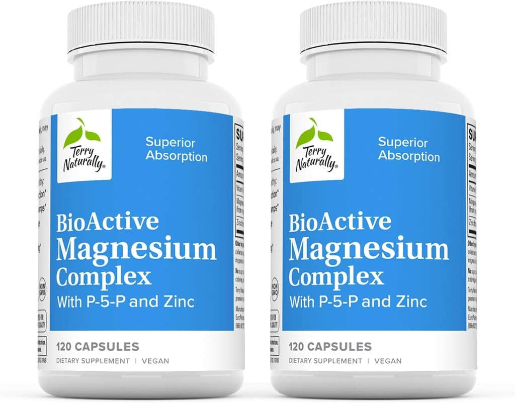 Terry naturligt BioActive Magnesium Complex - Bone & Heart Health Support - Supplement med vitamin B6, Zink & Magnesium - Pyridoxal- 5 - Phosphat Vegan Capsule Supplement - 120 Kapsler (pakke med 2)