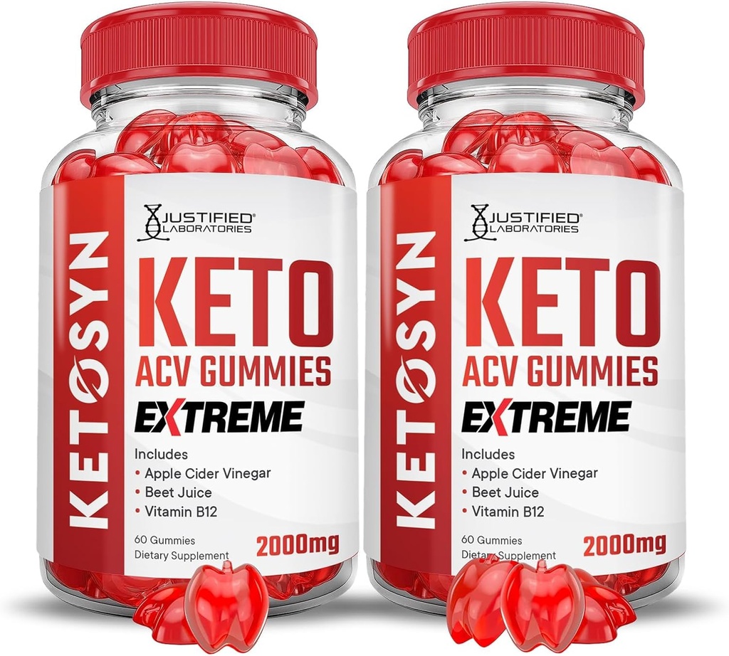 Justified Laboratories (2 Pack Ketosyn Keto ACV Gummies Extreme 2000MG Ketosyn Ketosyn Keto Gummies Apple Cider Vinagar Formuleret med Pomegranate Beet Juice Powder B12 Vegan Non GMO 120 Gummys