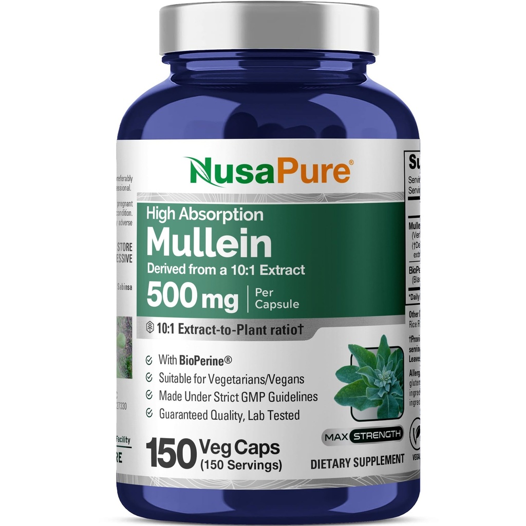 NusaPure Mullein Leaf kapsler 10: 1 Uddrag, 500 mg svarende til 5000 mg per Veggie Caps - 150 Count - Verbascum Thapsus (non- GMO, Vegan) Kosttilskud