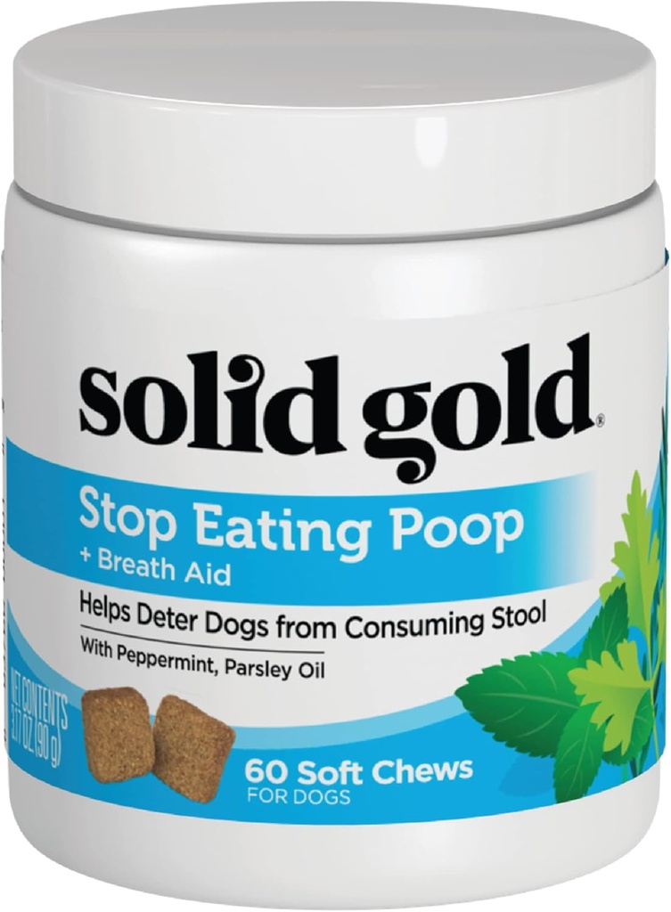 Solid guld ingen Poo Chews til hunde - Coprophagia deterrent & Afføring deterrent til hunde, der spiser hund Poop - Stop spise poop Chews med pebermynte & Probiotika til Gut & åndedræt støtte - 60ct