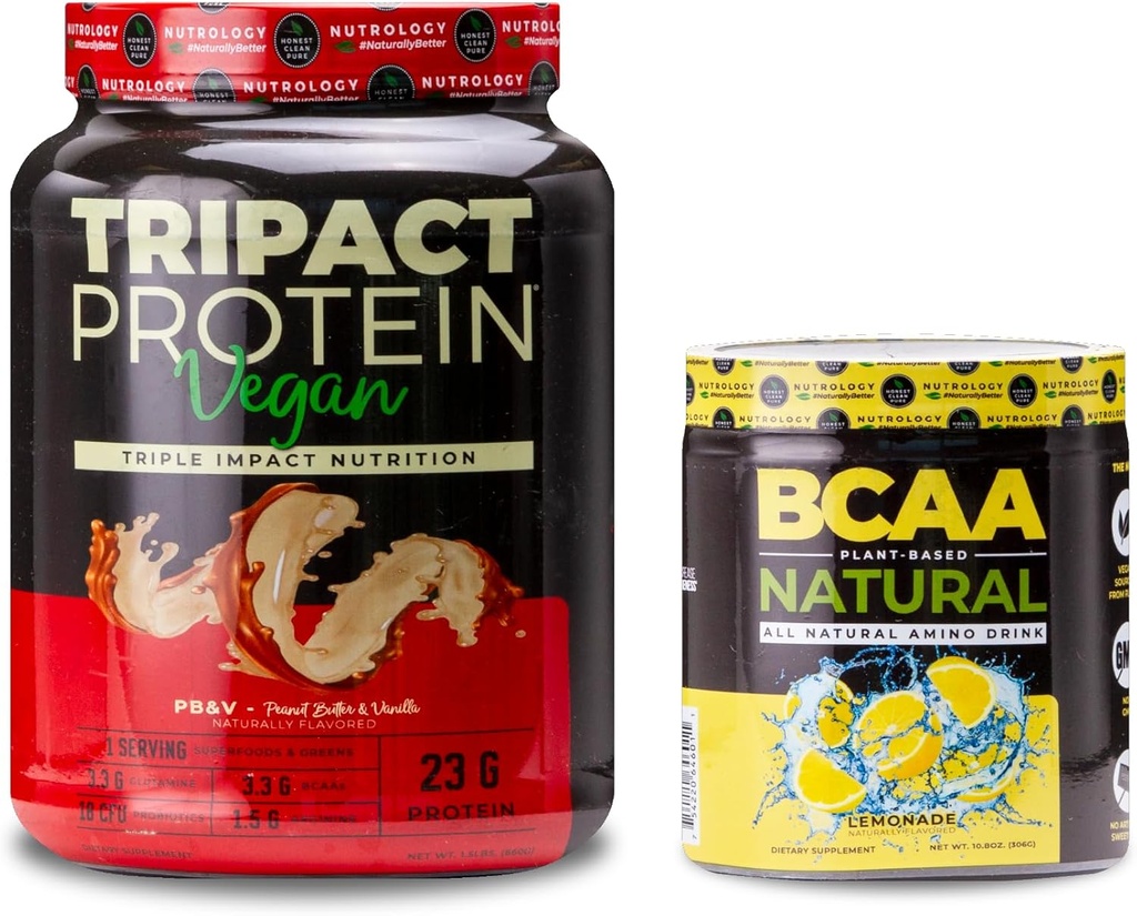 Nutrologi TRIPACT Vegan Protein Powder, for Vegan Protein Shakes, Peanut Butter Vanilla (20 Servere) BCAA Natural, Plant Based BCAA Powder, Lemonade Flavor (30 Servere)