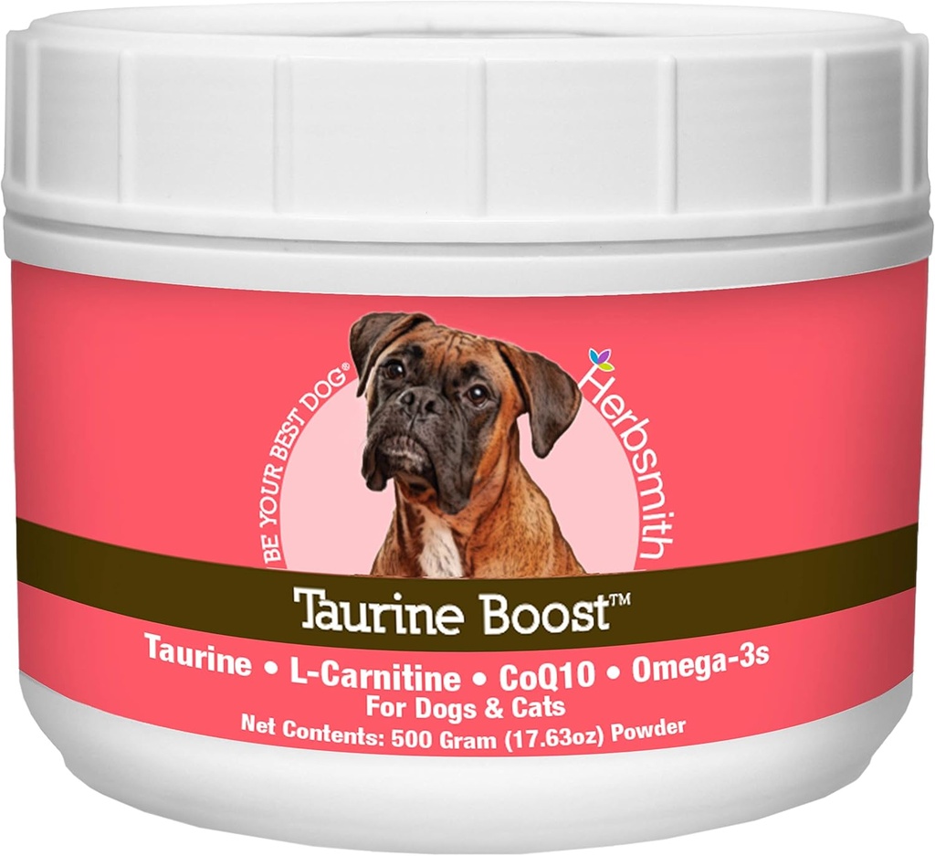 Herbsmith Taurine Boost - hjerte og hjerte støtte til hunde og katte - Taurine supplement til hund og kat hjerte sundhed - med CoQ10, Taurine og L-carnitin til hunde - 500g