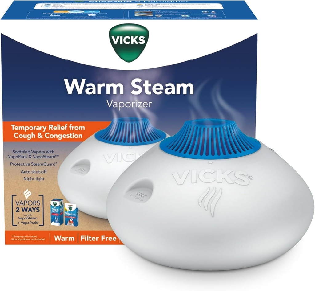 Vicks Varm Steam Vaporizer, Små til Mellemrum, 1,5 Gallon Tank - Varm Mist Fugter til Baby og Børn Værelser med Night Light, Arbejder med Vicks VapoPads og VapoSteam
