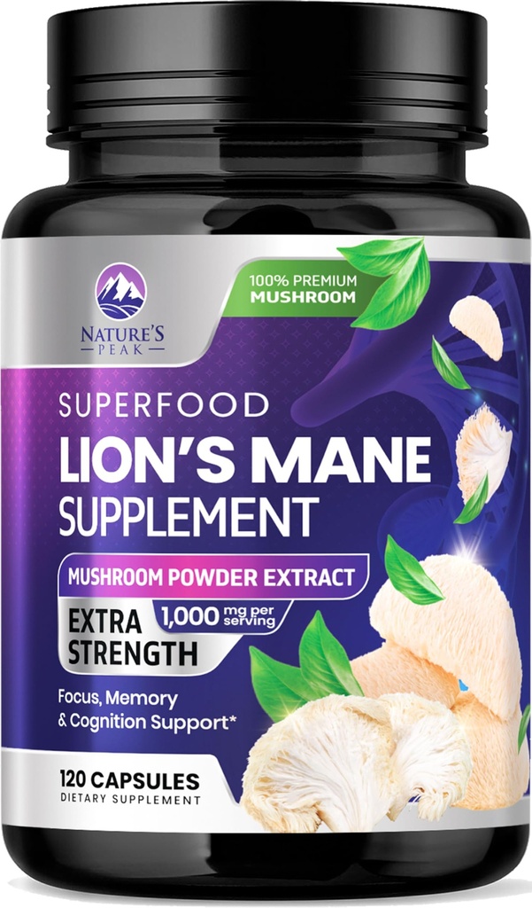 Lions Mane Mushroom Capsules 10,000mg - Lions Mane Supplements Capsules for Memory and Focus Support, Brain, Immun Health Support, Vegan, Flasket i USA, Lions Mane Mushroom Powder Extract, 120 Greve
