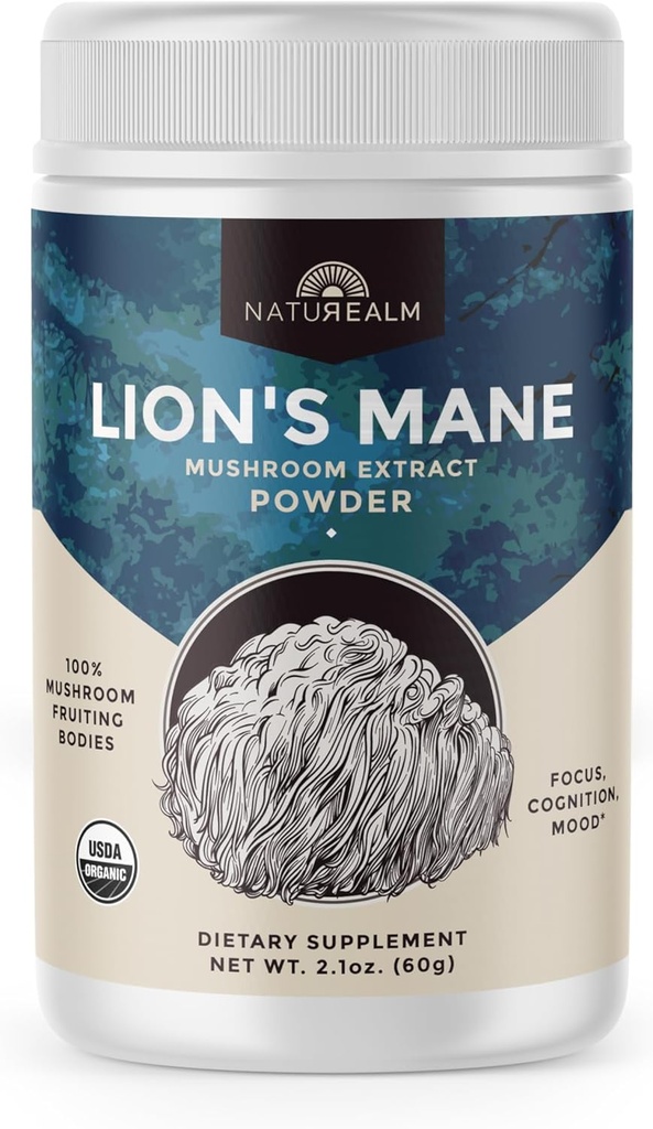 Natuerige Lions Mane Mushroom Powder - Organic Brain Support for Focus Memory Mental Clarity - Ikke GMO kognitiv funktion - 60 Servere