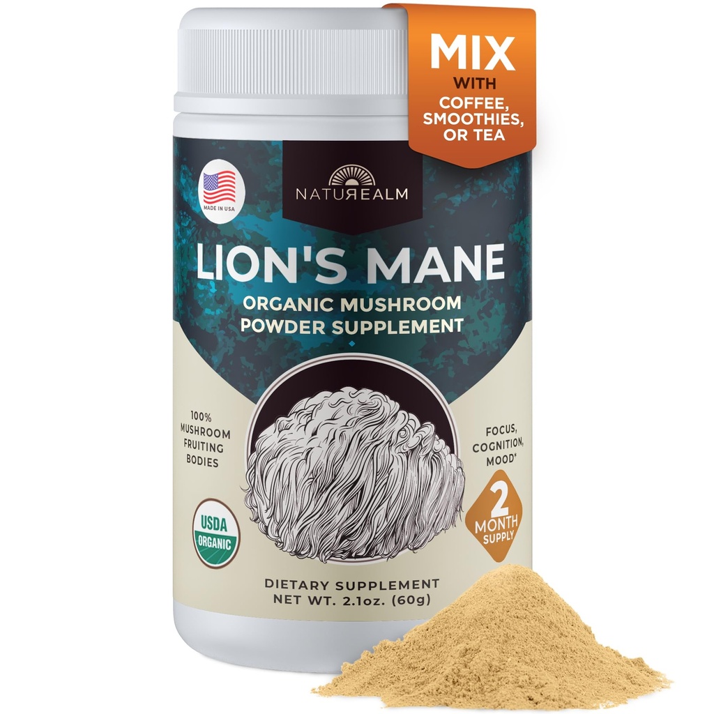 Natuerige Lions Mane Mushroom Powder - Organic Brain Support for Focus Memory Mental Clarity - Ikke GMO kognitiv funktion - 60 Servere