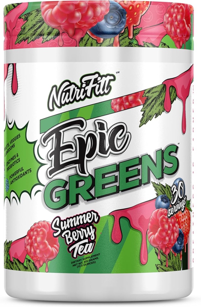 NutriFitt Epic Green, pakket med antioxidanter, frugter, grøntsager og svampe, Boost Performance, Speed Up Inddrivelse (30 Servere, Sommer Berry Tea)