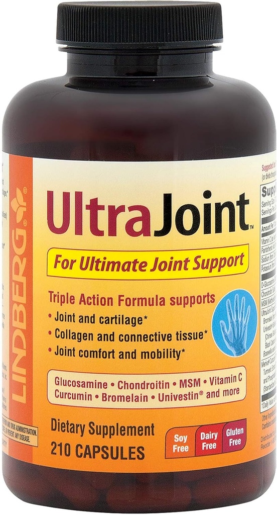 Lindberg Joint Support Supplement for Mænd og Kvinder; 210 Capsules; 124; med gurkemeje, MSM, Glucosamin, Chondroitin, Boswellia Extract; 124; Triple Action Complex Blend; 124; Non-GMO, Gluten Free