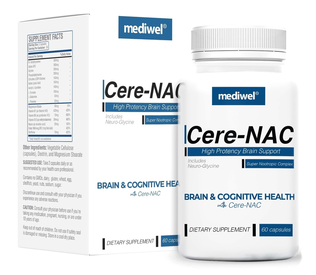 Cere- NAC Advanced Brain Supplement - Cognitive & Mental Clarity Support - NAC, Glycin, Alpha GPC, Citicolin, L- Theanine, Phosphatidylserin, B Vitamin, Alpha Lipoic Acid - Made in USA