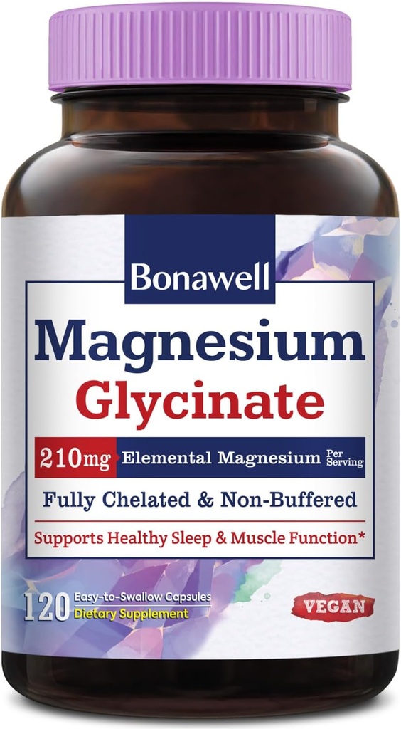 Bonawell Magnesium Glycinat, 210 mg Elementær Magnesium Per Servering, Fuldt Chelated & Non- Buffered, Supports Afslapning, Nerve, Muscle & Bone Sundhed, 120 Veganske Kapsler