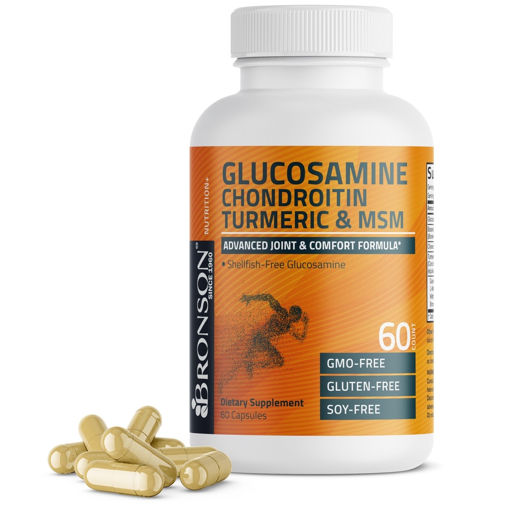 Bronson Glucosamine Chondroitin Gurkemeje & MSM Advanced Joint & Cartiage Formel, understøtter sunde Joints, Mobilitet & Cartiage - Non- GMO, 60 kapsler