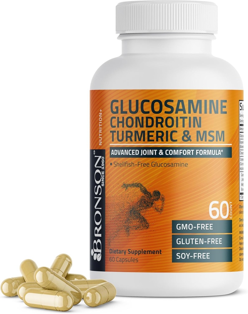 Bronson Glucosamine Chondroitin Gurkemeje & MSM Advanced Joint & Cartiage Formel, understøtter sunde Joints, Mobilitet & Cartiage - Non- GMO, 60 kapsler