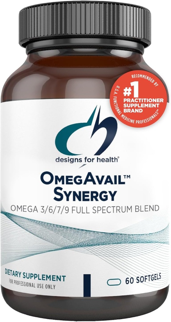 Design for sundhed OmegAvail Synergy - Omega kompleks for voksne - Omega 3-6-7-9 Fedtsyrer fra Borage og Macadamia Oil + triglycerid (TG) Fiskeolie med DHA & EPA (60 Softgels)