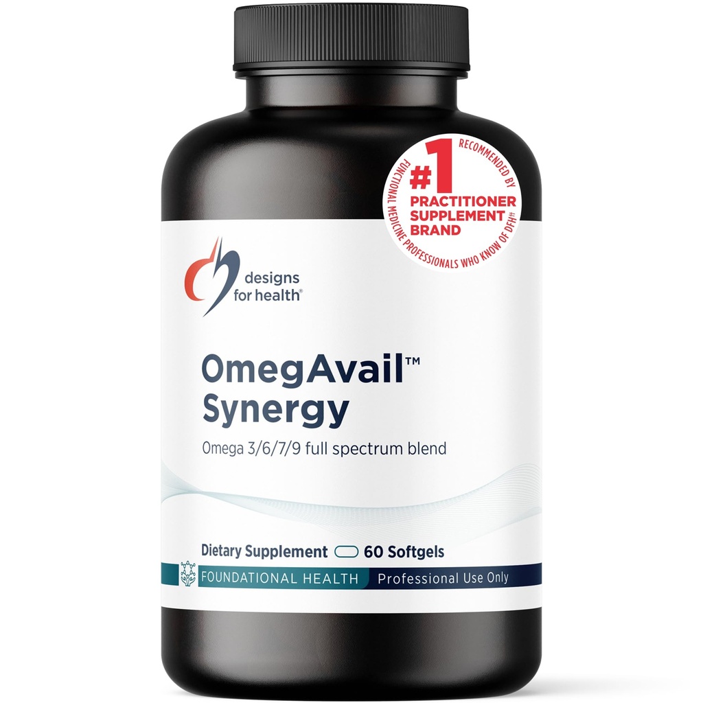 Design for sundhed Omegavail Synergy - Omega Complex for voksne - Omega 3-6-7-9 Fedtsyrer fra Borage og Macadamia Oil + triglycerid (TG) Fiskeolie med DHA & EPA (60 Softgels)