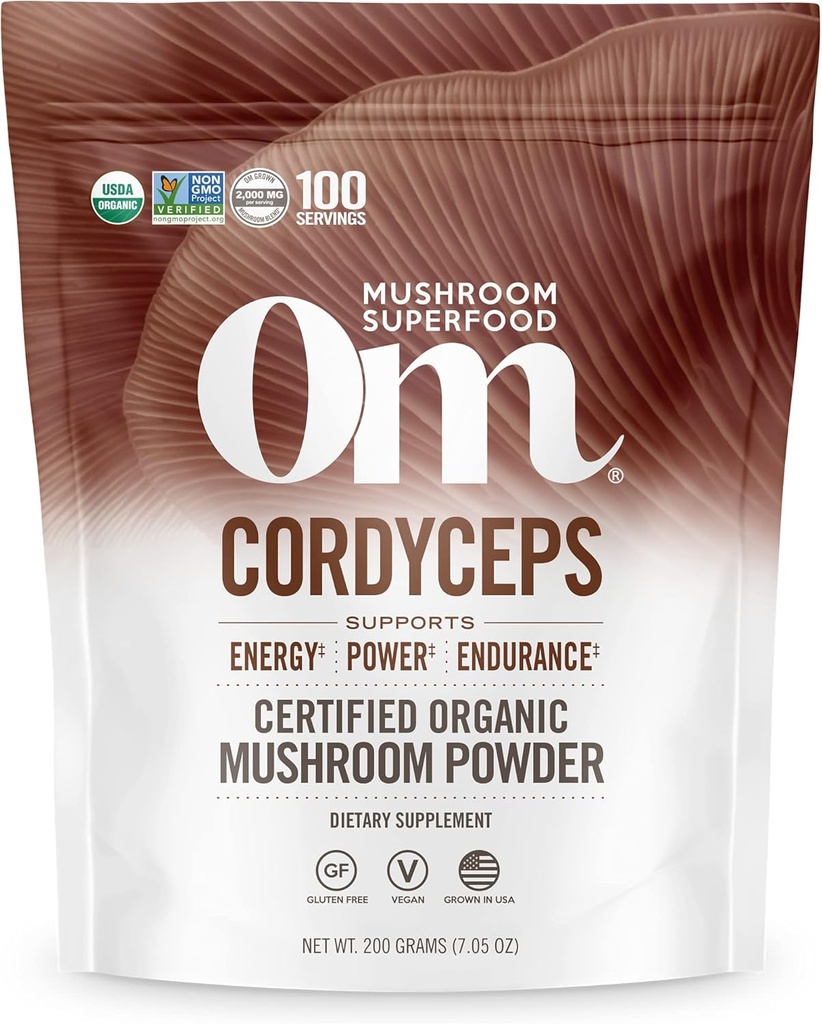 OM Mushroom Cordyceps Powder 7.05 oz (100 Servere) - Økologisk, Vegan, Non- GMO, Gluten- Free - Energy, Stamina & Endurance Support - Adaptogen Superfood til sport, ydeevne, Smoothies & Tea