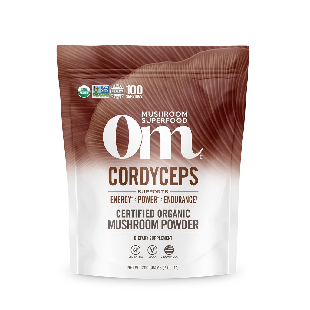OM Mushroom Cordyceps Powder 7.05 oz (100 Servere) - Økologisk, Vegan, Non- GMO, Gluten- Free - Energy, Stamina & Endurance Support - Adaptogen Superfood til sport, ydeevne, Smoothies & Tea