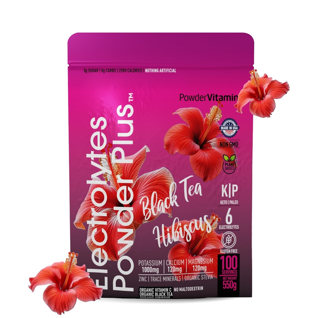 PowderVitamin Electrolytes Powder Plus (100 Servere) Black Tea Hibiscus Electrolyte Powder Keto, Sugar Free, Pink Himalayan Salt, 1000mg Kalium, 120mg Calcium, 120mg Magnesium, Hydrationspulver