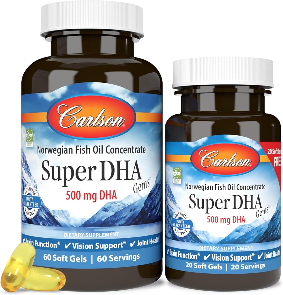 Carlson - Super DHA Gems, 500 mg DHA Kosttilskud, 640 mg fedtsyrer, Wild- Fanget Norsk Arctic Fish Oil Concentrate, Sustainable Sourced Nordic Fish Oil Capsules, 60 + 20 Softgels