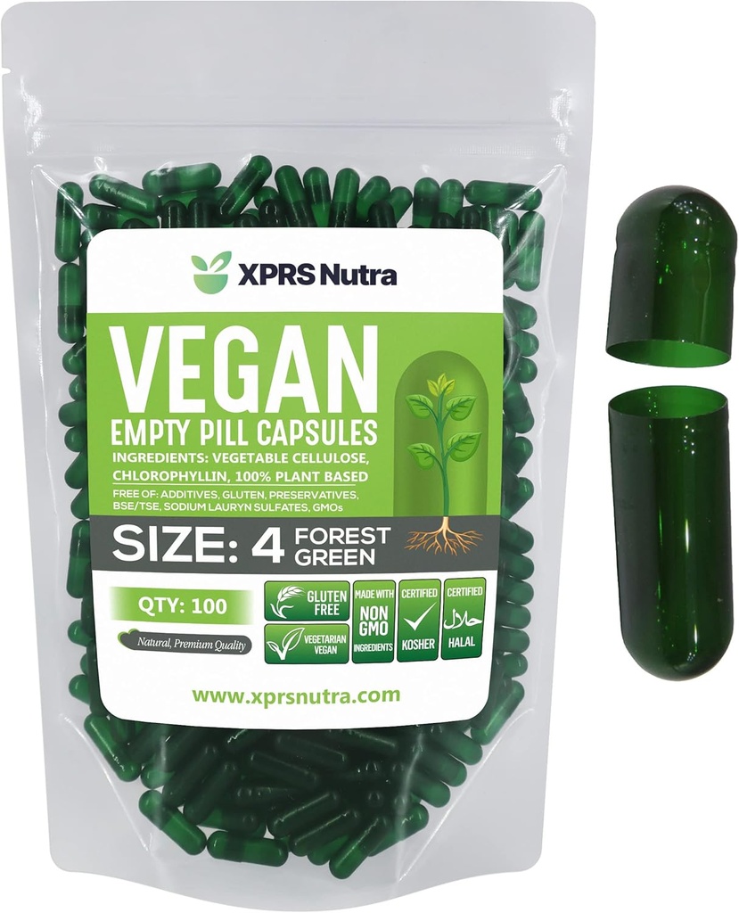 XPRS Nutra størrelse 4 Tomme kapsler - 100 Greve små tomme Veganske kapsler - selv vegetabilsk kapsel påfyldning - Fyldelig Do- It- Yourself Veggie Pill Caps til kosttilskud (Forest Green)
