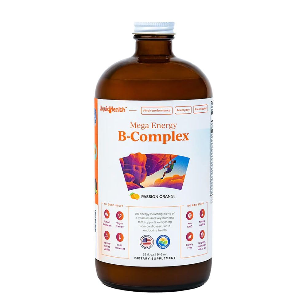 LIQUIDHealth Mega Energy Methylerede B- Complex, Voksen flydende vitamin supplement - øge energi, Relieve Stress & Træthed, immunforsvar, Heart & Gut Health - Made in USA, Vegan, Sukkerfri (32 oz)