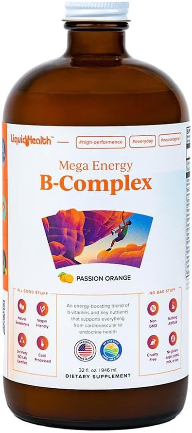 LIQUIDHealth Mega Energy Methylerede B- Complex, Voksen flydende vitamin supplement - øge energi, Relieve Stress & Træthed, immunforsvar, Heart & Gut Health - Made in USA, Vegan, Sukkerfri (32 oz)