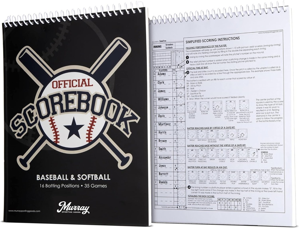 Murray Sporting Goods Baseball & Softball Score Book - 35 Spil Score Book - Score Keeping Book for Stats - Voksen, Unge, Little League Baseball Softball Scorebook for Scoreagers