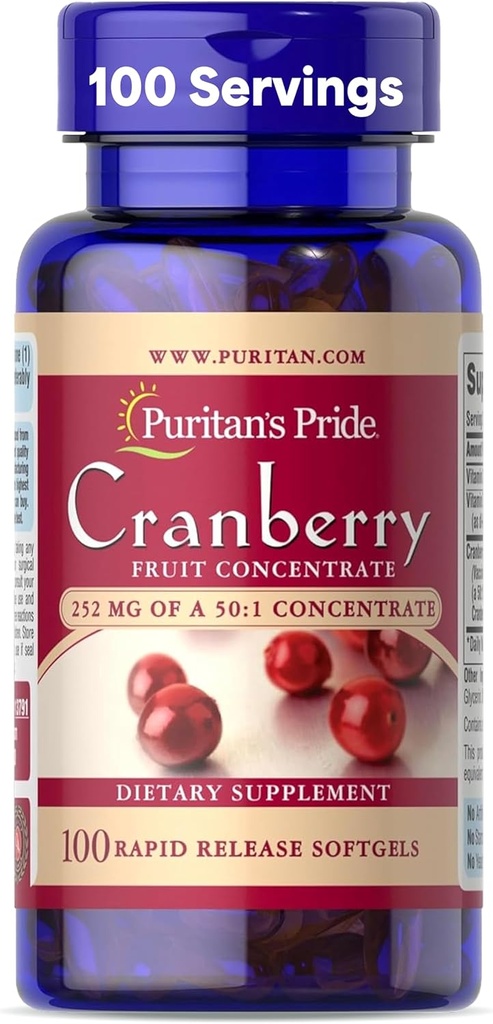 Puritans Pride Premium Cranberry Fruit Concentrate 252mg (12,600mg Ækvivalent) med Vitamin C og E, Kosttilskud til immunsystemet Support, 100 Rapid Release Softels
