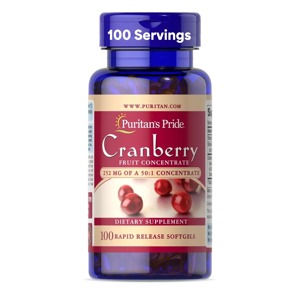 Puritans Pride Premium Cranberry Fruit Concentrate 252mg (12,600mg Ækvivalent) med Vitamin C og E, Kosttilskud til immunsystemet Support, 100 Rapid Release Softels