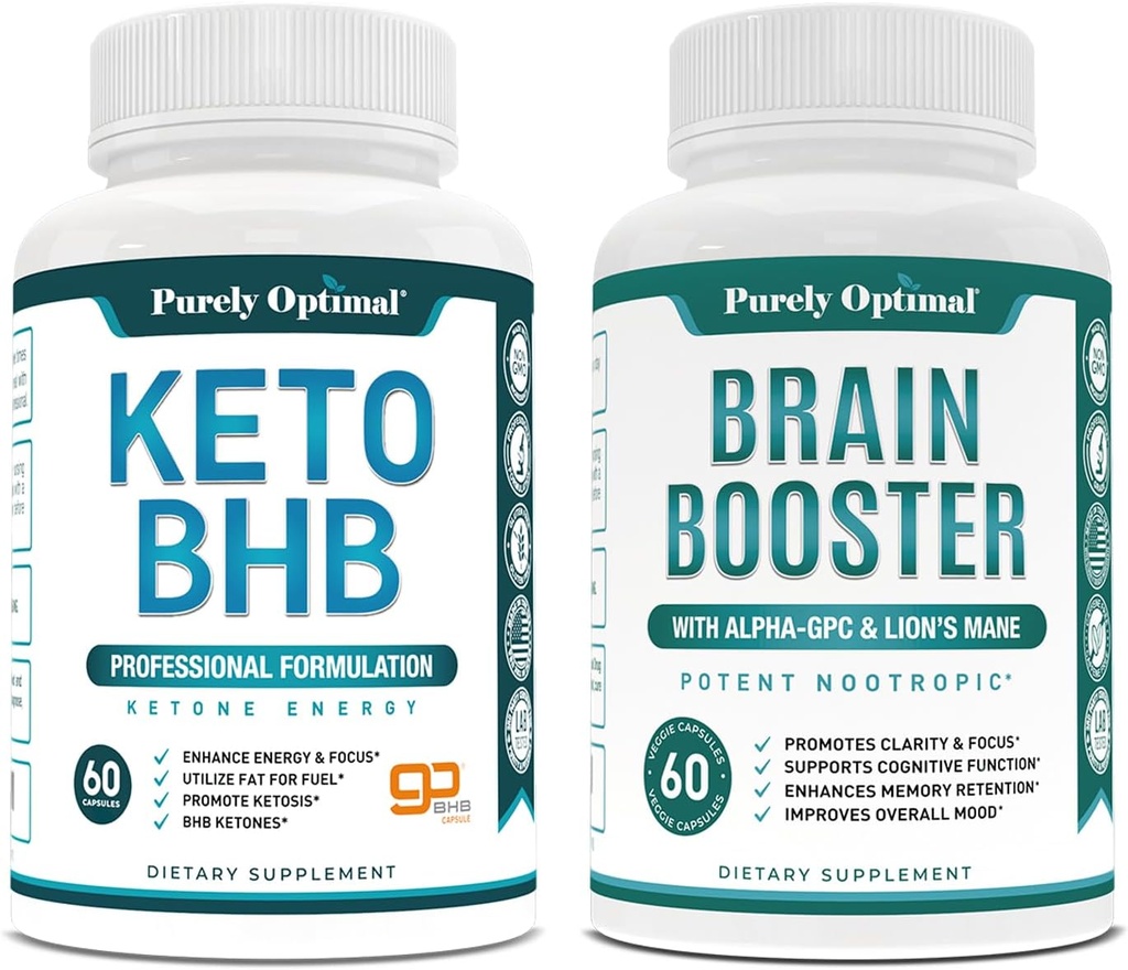 Purely Optimal Keto BHB Exogenous Ketones Supplement + Premium Brain Supplement - Nootropic Brain Booster for Focus, Clarity, Improved Memory, Concentration & Better Mood