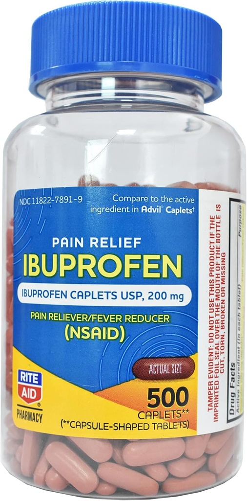 Rite Aid Pharmacy Ibuprofen 200 mg - 500 Overtrukne brune kapsler - Smerte Reliever og Feber Reducer - Migræne Relief - Ryg Smerte Relief - Gigt Smerte Relief piller - Smerte Killer