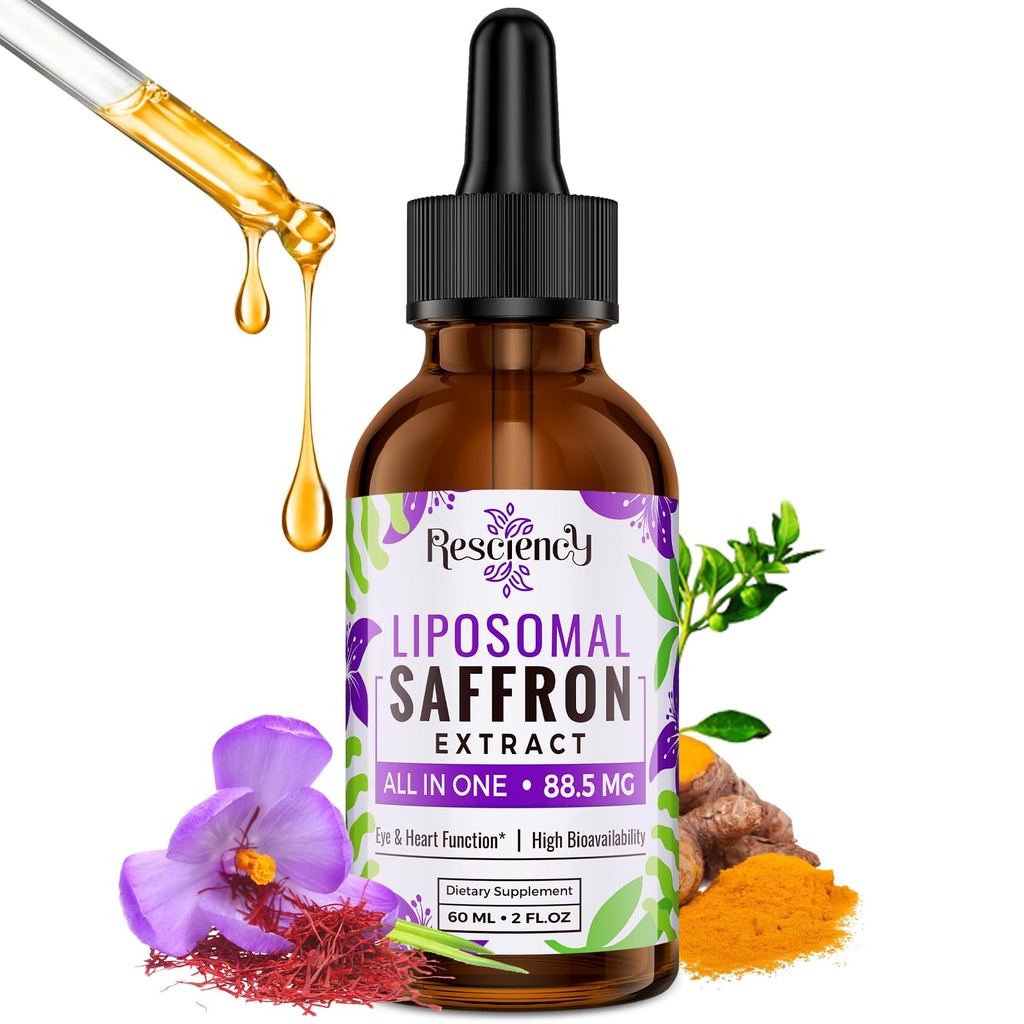 Saffron Kosttilskud - 88.5 mg Saffron Extract Bedre biotilgængelighed Liposomale dråber til mad, energi, Vision & Fokus med Ashwagandha, gurkemeje, Magnesium, Zink, Vitamin B12 & D3, 60 ml, 30 Servere
