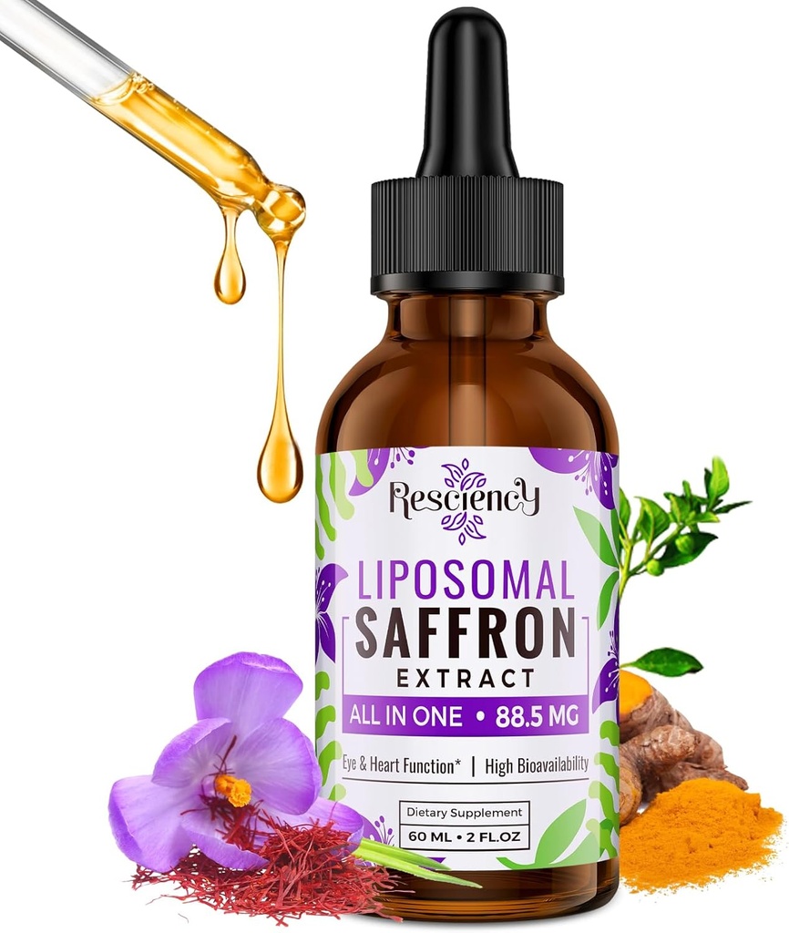 Saffron Kosttilskud - 88.5 mg Saffron Extract Bedre biotilgængelighed Liposomale dråber til mad, energi, Vision & Fokus med Ashwagandha, gurkemeje, Magnesium, Zink, Vitamin B12 & D3, 60 ml, 30 Servere