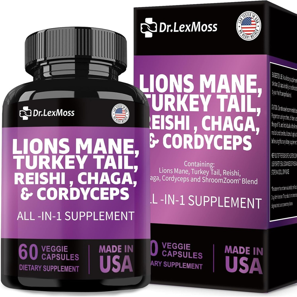 Lions Mane 3000mg, Tyrkiet Tail 3000mg, Reshi 1000mg, Cordycps 10o0mg, Chaga 1000mg, Maitake Meshima Poria Cocos Shiitake Oyster Porcini Enoki med Mushroom Supplement, 60 Kapsler