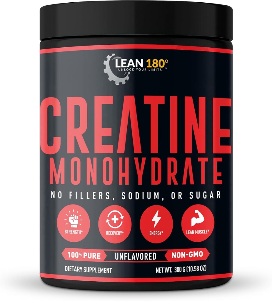 Lean 180-124; Best Creatinine Monohydrat Supplemented 124; 100% Pure Powder Budd124; Forbedret atletisk ydeevne, Muskel, Inddrivelse, Brain Function; Gluten Free, Lab Testet, Unflavored - (60 Servere)