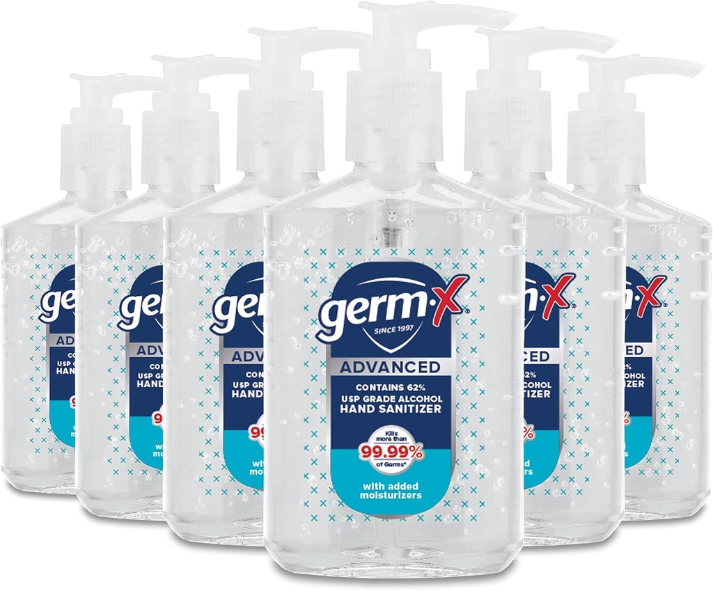 Germ- X Advanced Hand Sanitizer, Non- Tørring Moisturizing Clear Gel, Instant og ingen skylning Formel, Tilbage til School Supplies College, Pump Flaske, 8 Fl Oz (Pack of 6)