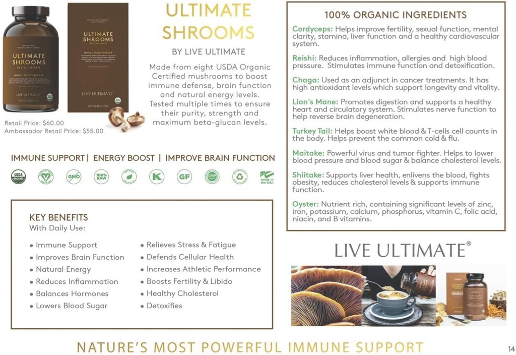 Live Ultimate Shrooms USDA Certified Whole Food Mushroom Extract Powder - 8 Organic Mushrooms inclusive Chaga, Cordyceps, og Reishi Mushroom Extract - Naturlig energi, immunforsvar og Detox