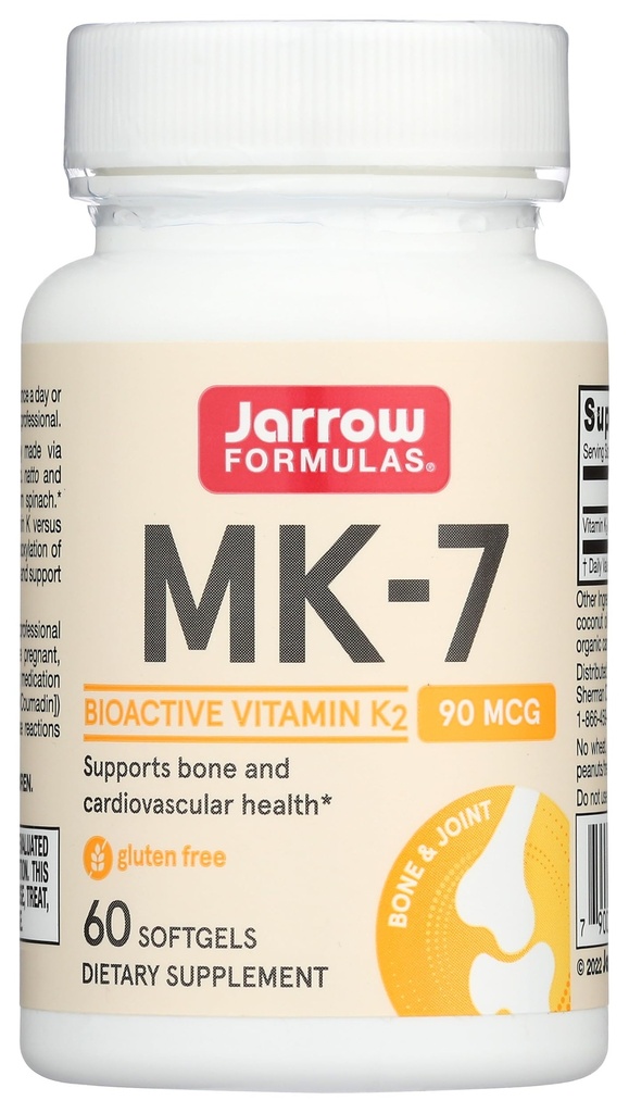 Jarrow Formulas MK- 7 90 mcg - Bioactive Form of Vitamin K2- 60 Servering (Softgels) - for Bone & Kardiovaskulære Sundhed - Vitamin K2 MK- 7 Kosttilskud - K2 Vitamin Supplement MK- 7 - Gluten Free