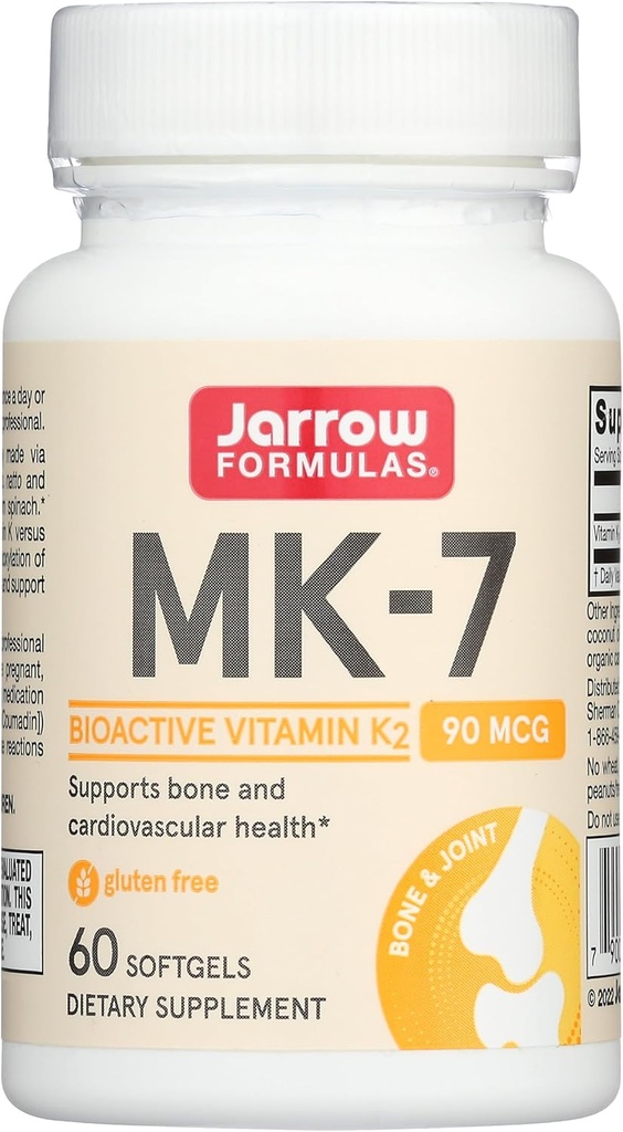 Jarrow Formulas MK- 7 90 mcg - Bioactive Form of Vitamin K2- 60 Servering (Softgels) - for Bone & Kardiovaskulære Sundhed - Vitamin K2 MK- 7 Kosttilskud - K2 Vitamin Supplement MK- 7 - Gluten Free