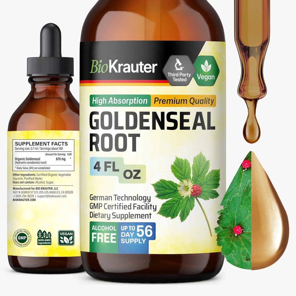 BIO KRAUTER Goldenseal tinktur - Vegan Lung Cleanse & Detox - Golden Seal Herb supplement - Alkohol & Sukker Free Drops - 4 Fl.Oz.
