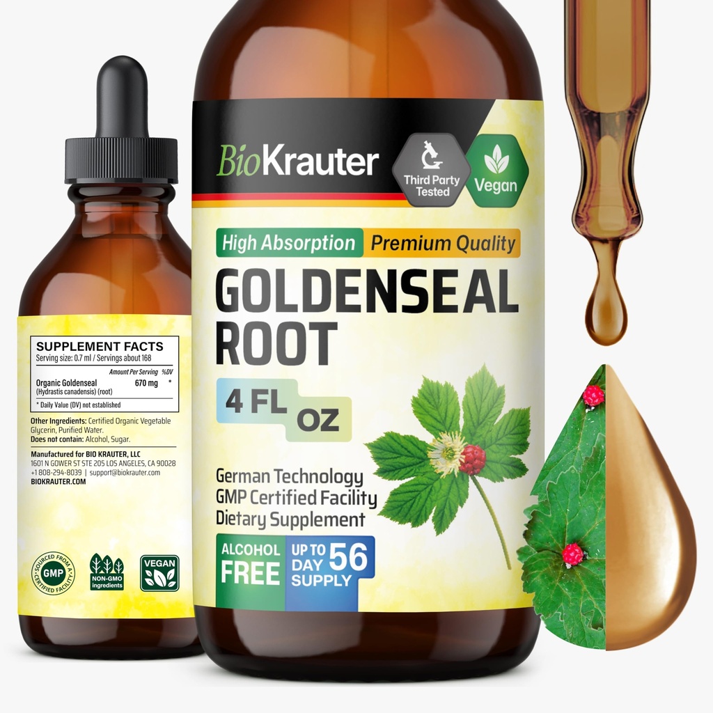 BIO KRAUTER Goldenseal tinktur - Vegan Lung Cleanse & Detox - Golden Seal Herb supplement - Alkohol & Sukker Free Drops - 4 Fl.Oz.