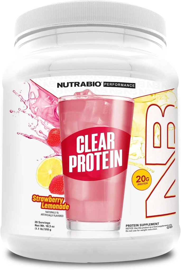 NutraBio Clear Protein Powder, Strawberry Lemonade - 20 Serveringer, 20g Clear Whey Protein Isolate, 0 Sukker, 0g lactose, genopfriskende frugtsmag, GLP1 Support -Knogle sundhed -Muscle Post Workout Inddrivelse