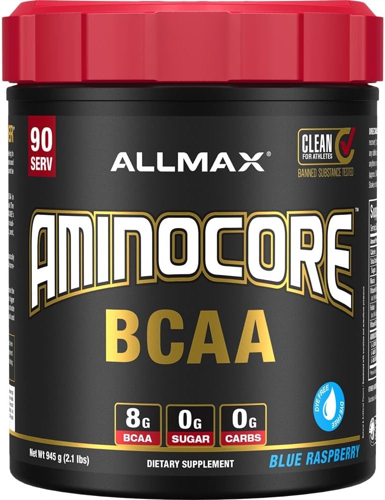 ALLMAX Nutrition AMINOCORE BCAA, Blå Hindbær - 945 g Pulver - 8.18 Gramer af forgrenede kæde Amin syrer Per servering - med B Vitamin - Ingen Fillers eller Non- BCAA Aminos - Sukker Free - 90 Servering