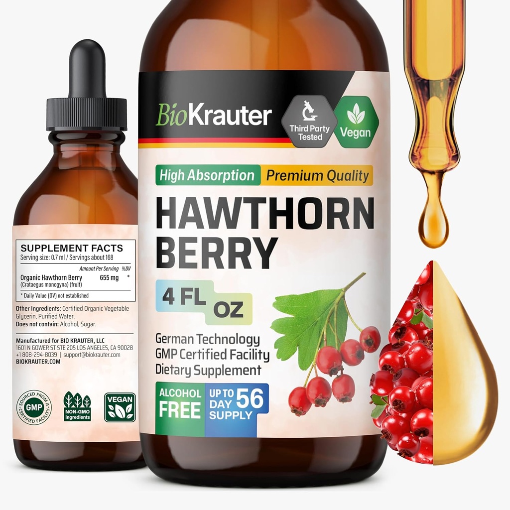 BIO KRAUTER Hawthorn Berry Extract Tinktur - Natural Hawthorne Berry Supplement - 100% Pure Formel - Vegansk Sukker & Alkohol Free - 4 Fl. Oz. - 56 Dag for levering