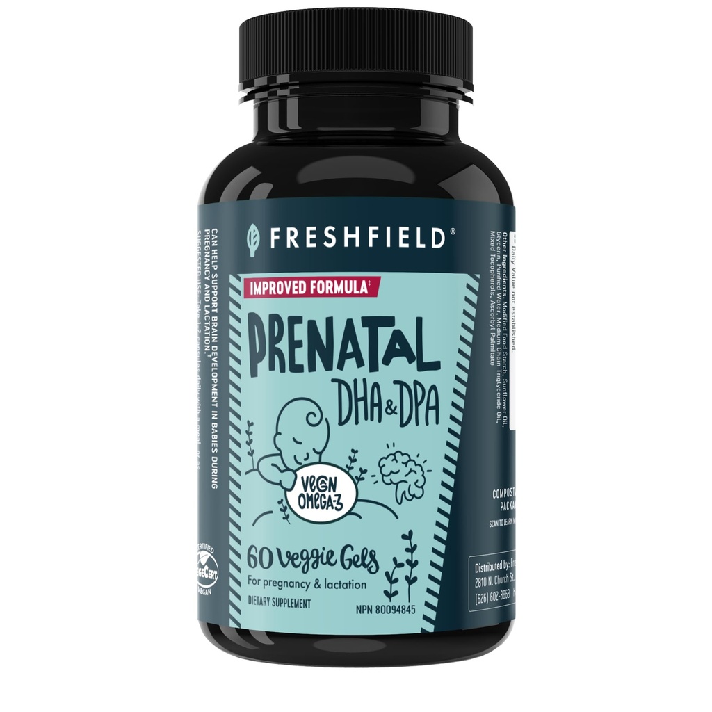 Freshfield Prenatal Vegan Omega 3 DHA: Bæredygtig, Carrageenan Free, Tredjeparts testet, Komposterbar flaske, Carbon Neutral. Understøtter hjerte, hjerne, fælles sundhed m / DPA