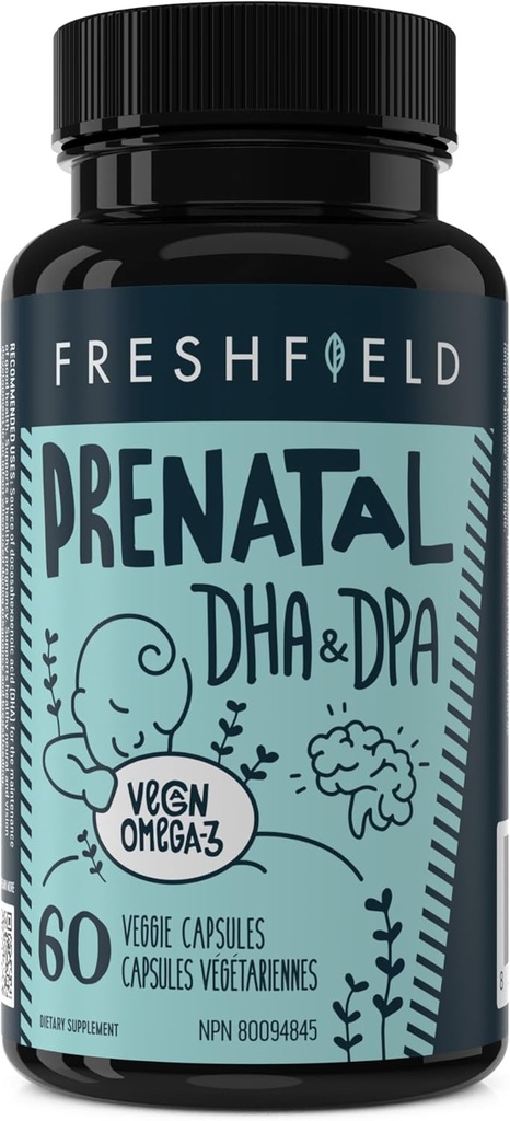 Freshfield Prenatal Vegan Omega 3 DHA: Bæredygtig, Carrageenan Free, Tredjeparts testet, Komposterbar flaske, Carbon Neutral. Understøtter hjerte, hjerne, fælles sundhed m / DPA