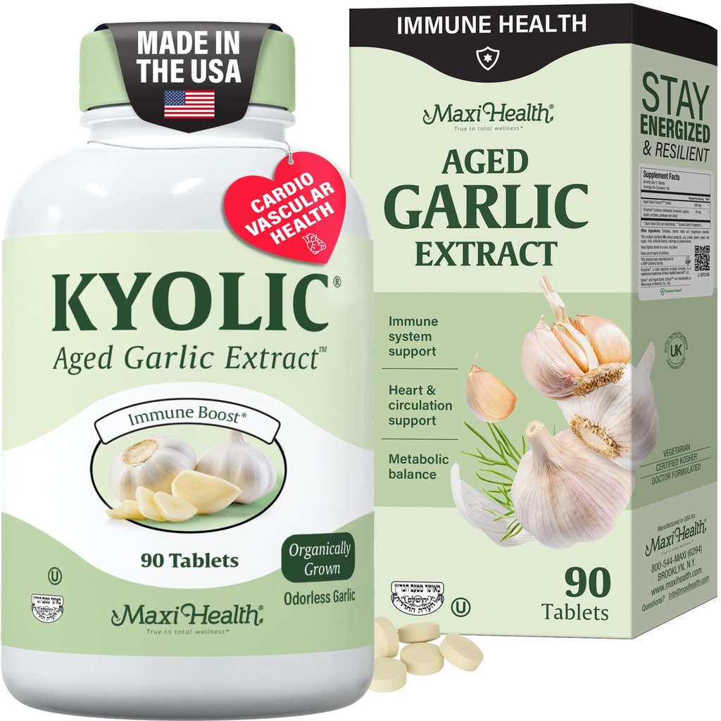 Maxi Health Kyolsk Økologisk Hvidløg Supplement - Kosher Hvidløg tabletter med Kyolsk Aged Hvidløg Uddrag til immunforsvar - Vegetarisk Hvidløg piller (90 Greve)