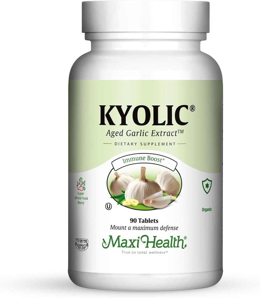 Maxi Health Kyolsk Økologisk Hvidløg Supplement - Kosher Hvidløg tabletter med Kyolsk Aged Hvidløg Uddrag til immunforsvar - Vegetarisk Hvidløg piller (90 Greve)