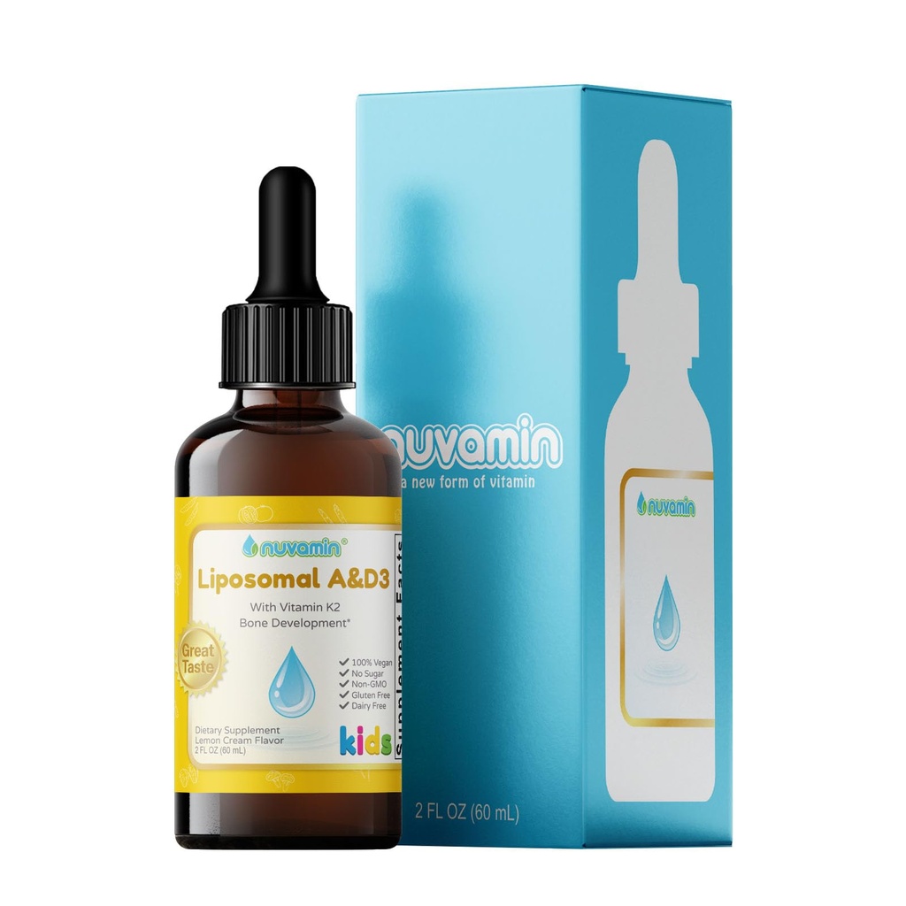 Nuvamin - Flydende Liposomal Vitamin A & D3 Drops med K2 for Baby Toddlers Kids & Voksne, 800 IE / ml, 2 Fl.Oz (60ml), 120 Daily Serving, Great Taste - All Natural - Superior Absorption, Lemon Flavor